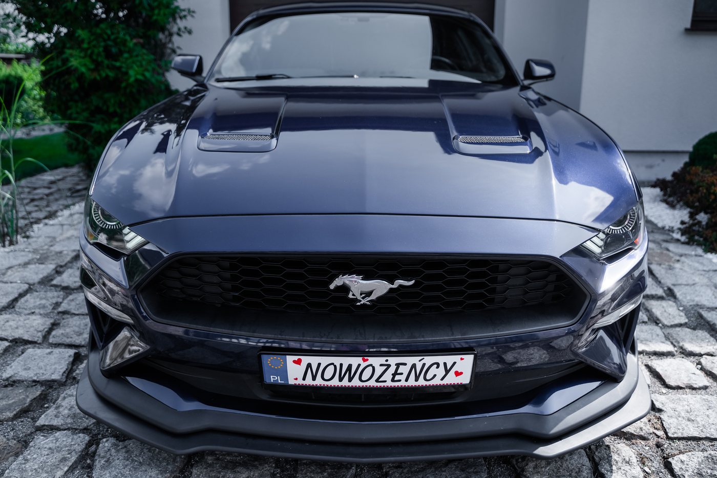 Ford Mustang z tablicą Nowożeńcy — ślub Malwina i Mateusz